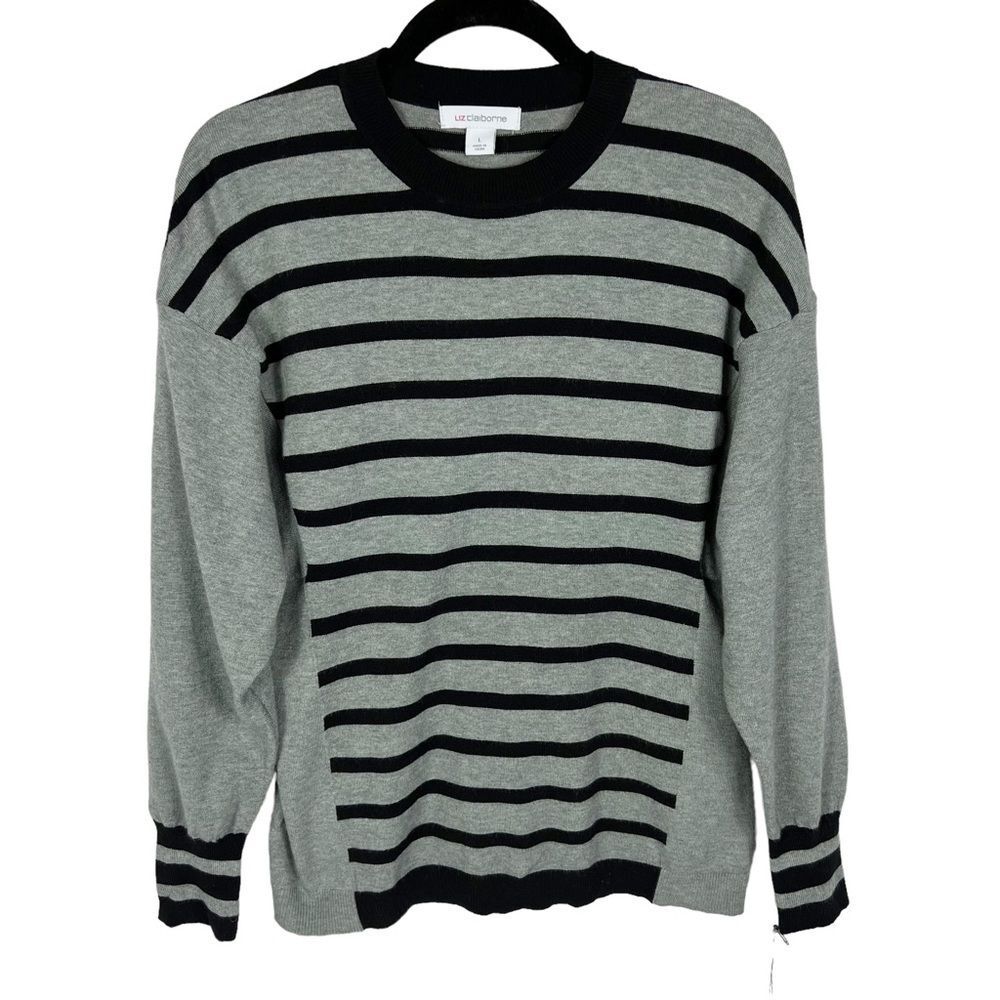 NEW Liz Claiborne Striped Heather Gray Lightweight Pullover Sweater Women Large